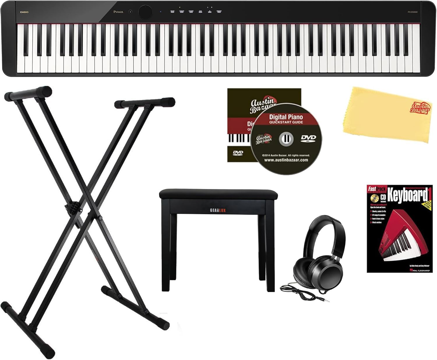 Casio Privia PX-S5000 Digital Piano - Black Bundle with Adjustable Stand, Bench, Headphones, Piano Book, Online Piano Lessons, I