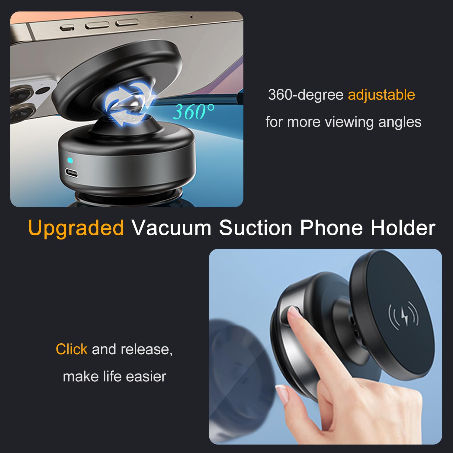 Jkoailiwi 15W Wireless Charger Suction Magnetic Phone Holder For Magsafe, 360 Adjustable Magnetic Suction Car Mount, Vacuum Phon