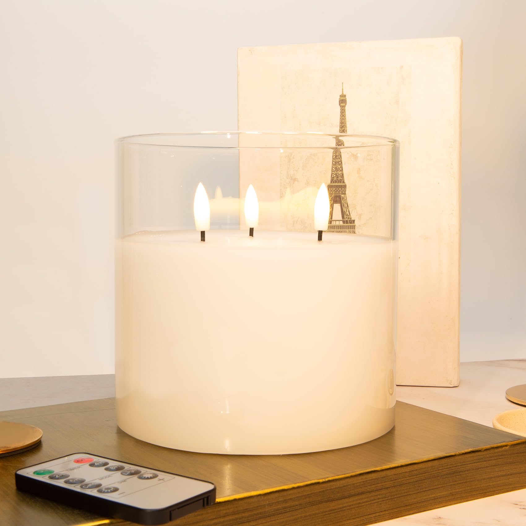 Eywamage 3 Wick Clear Glass Flameless Candle With Remote, Large Flickering Led Battery Pillar Candle F 6'' H 6''