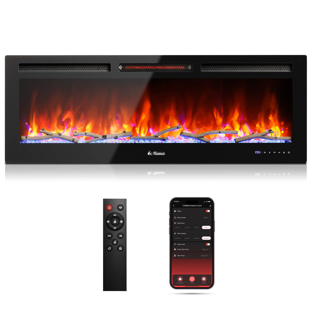 Turbro 50    Smart Wifi Infrared Electric Fireplace With Sound Crackling And Realistic Flame, 1500W Quartz Heater, Recessed Or W