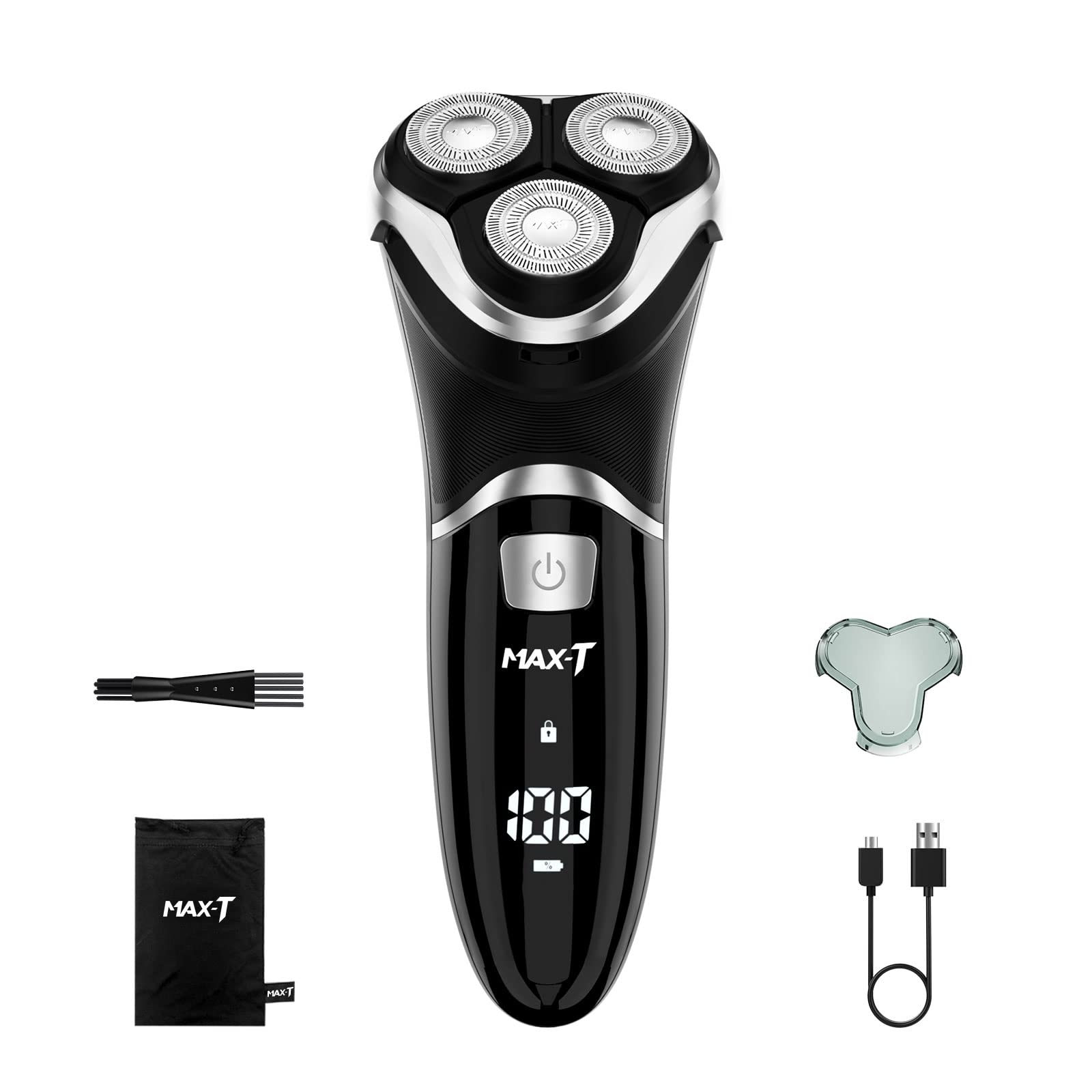 Electric Shaver Razor For Men, Max T Quick Rechargeable Wet Dry Rotary Shaver With Pop Up Trimmer And Led Display, Ipx7 100% Wat