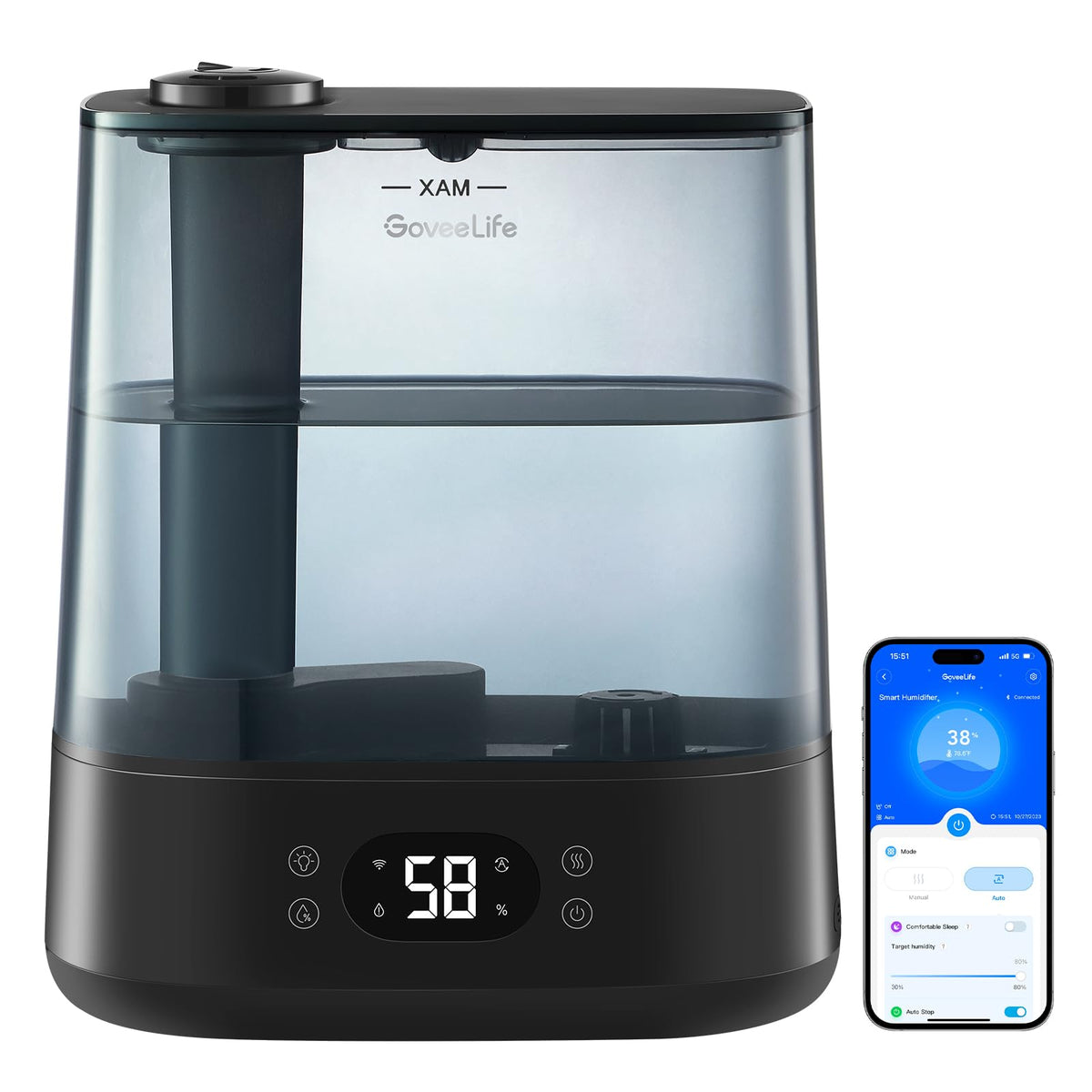 Goveelife Smart Humidifiers For Bedroom, 6L Cool Mist Top Fill For Large Room, Humidity Sensor, Auto Mode, 60H Quiet Runtime, Sc
