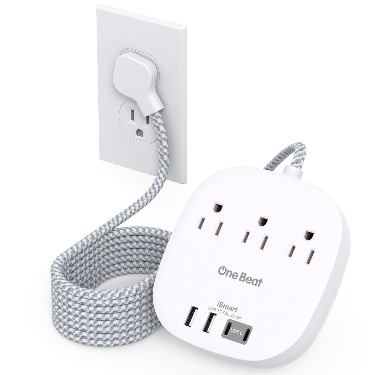 15Ft Flat Plug Power Strip, Ultra Flat Extension Cord   3 Outlets 4 Usb Ports (2 Usb C) 22.5W/4.5A Desktop Charging Station, Pow
