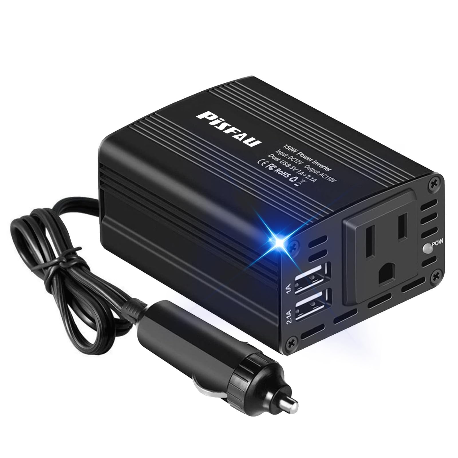 150W Power Inverter 12V DC to 110V AC Car Plug Adapter Outlet Converter with 3.1A Dual USB AC car Charger for Laptop Computer Bl
