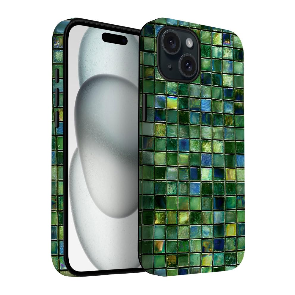 Yuzbira for iPhone 15 Plus Case | Green Mosaic Tiles | Slim Drop Protection Design
