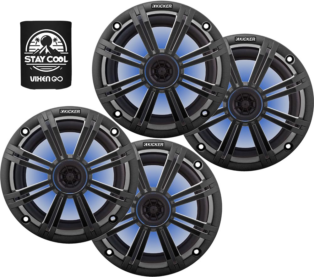 KICKER 8 Marine Speakers (2 Pairs) OEM Replacement Coaxial Speakers for Boat with Charcoal Grille and LED Lights 4-ohm. Water an