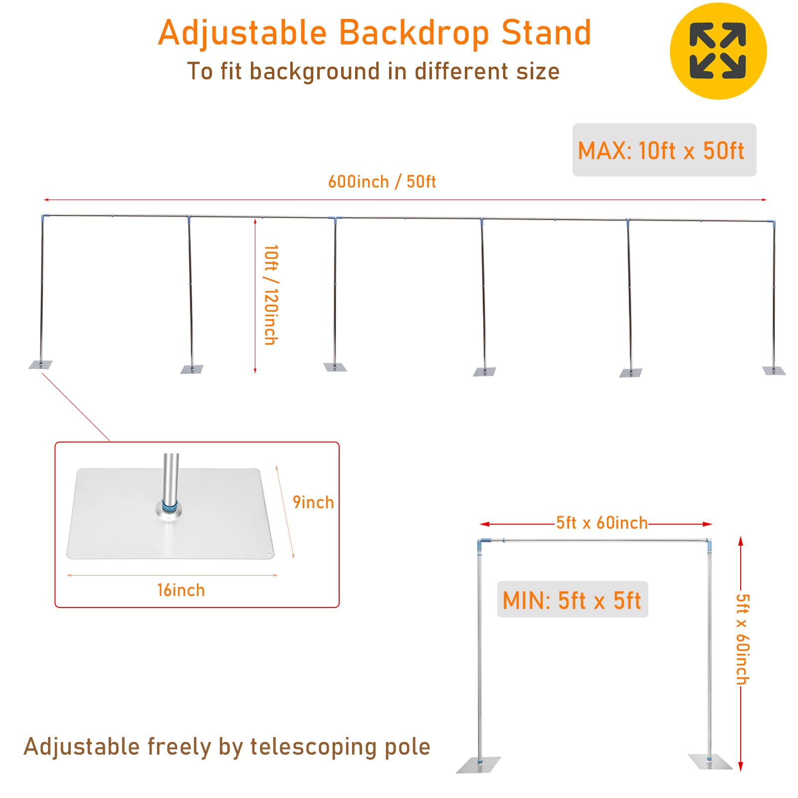 Wupyi Professional Backdrop Stand Pipe Kit,10'X50' Heavy Duty Background Support System Curtain Frame Telescopic With Steel Base