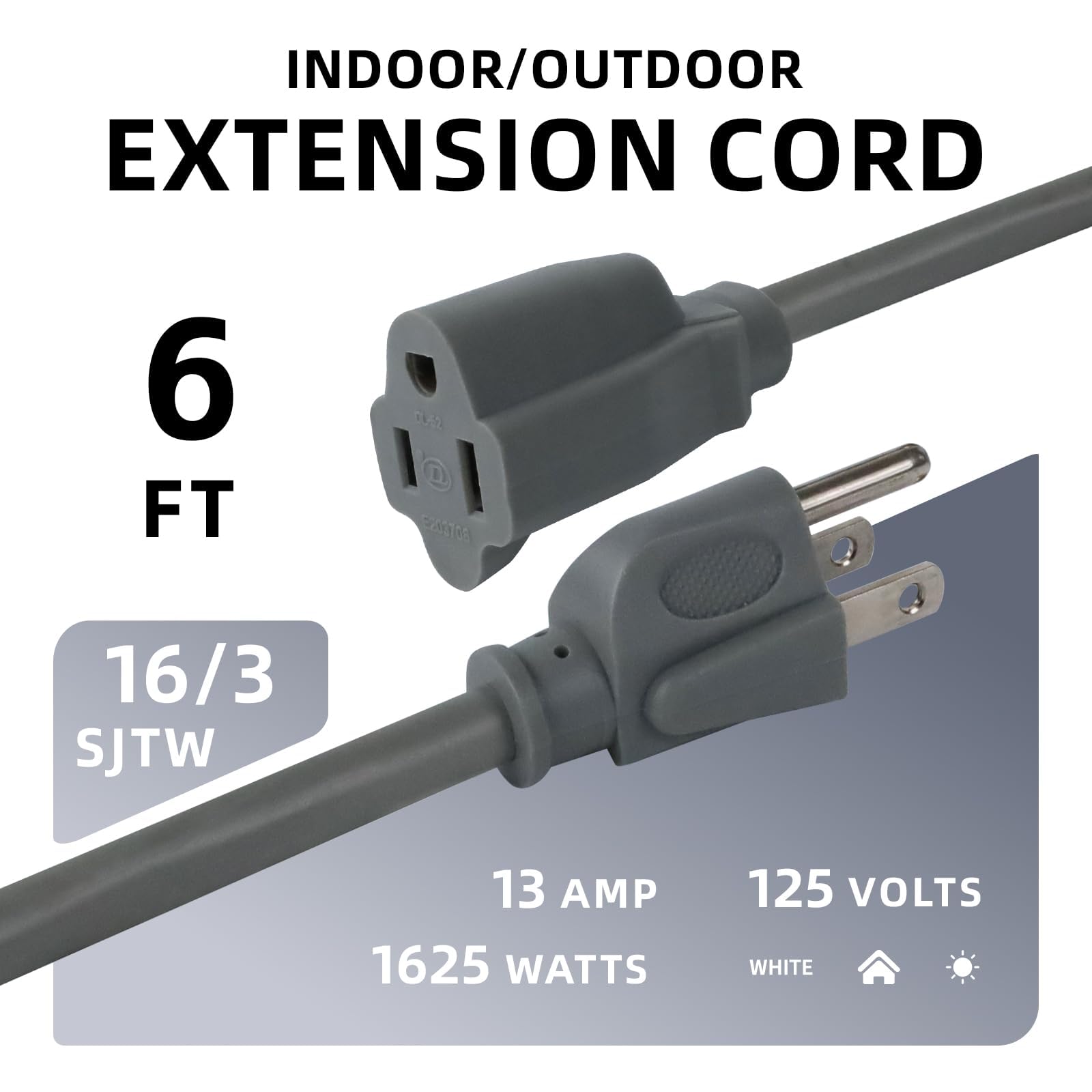 Ep 2 Pack 6 Ft Outdoor Extension Cord, 16/3 Sjtw Heavy Duty Power Cord, 3 Prong Grounded Plug, Waterproof, Cold Resistant, 13A 1