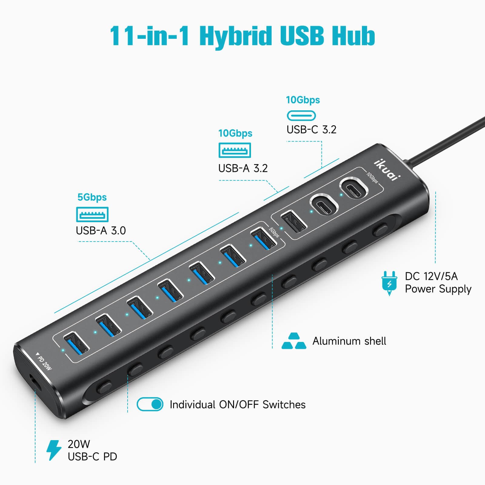 Powered Usb Hub, 11 Port Ikuai Hybrid Usb 3.2/ Usb C Hub With Pd Charging Port And 60W Power Adapter, Aluminum Usb Splitter Incl