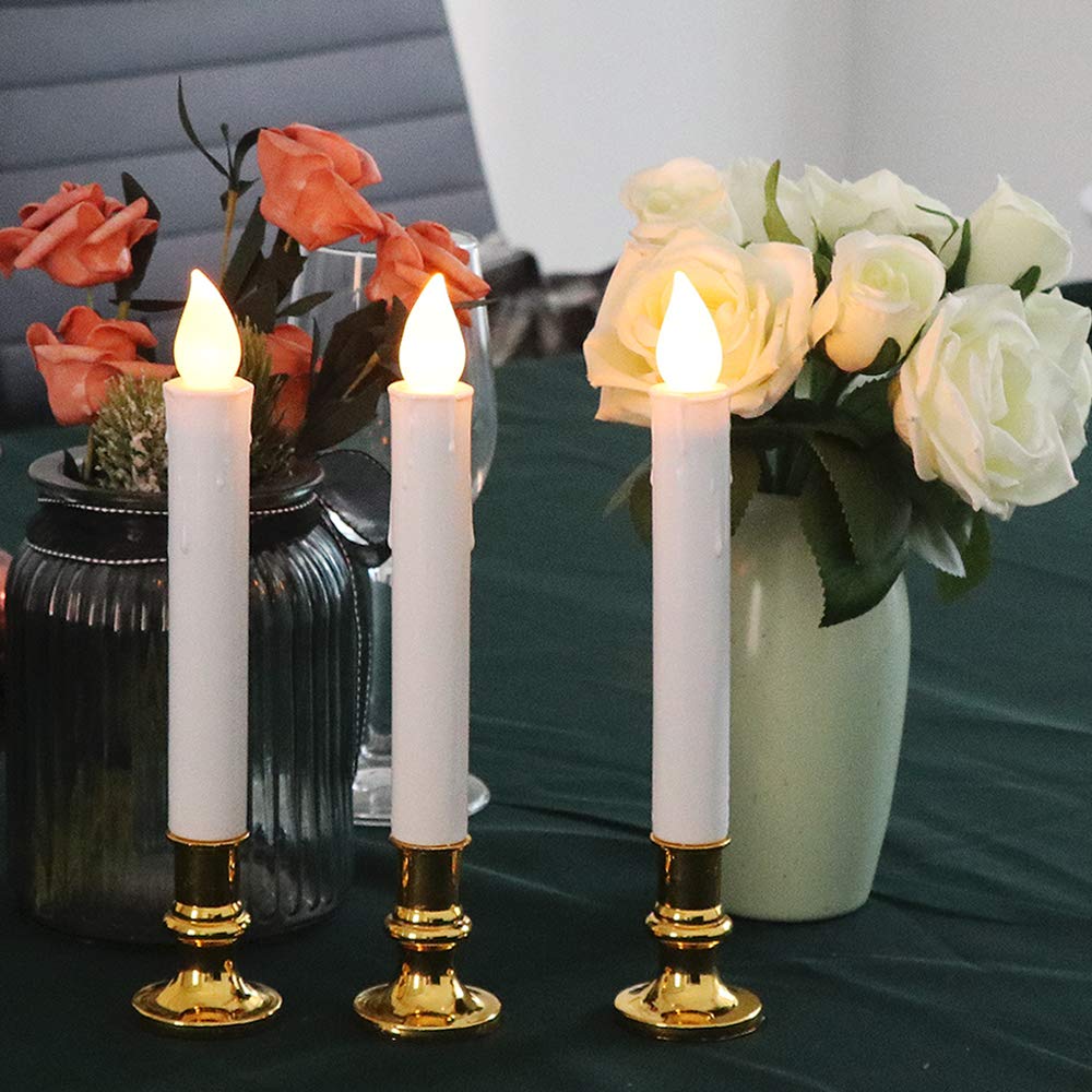 Wondise White Flameless Flickering Taper Candles   Battery Operated With Remote & Timer, Gold Holders, Suction Cups, Christmas W