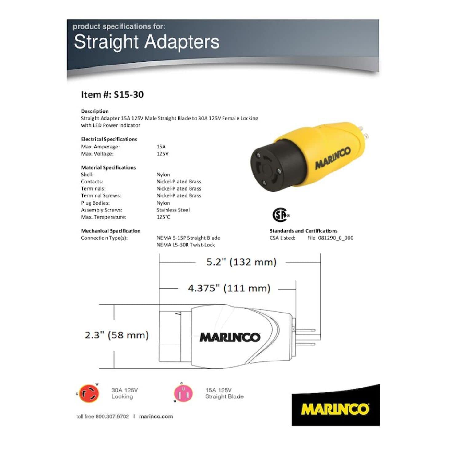 Marinco S15-30 Straight Adapter, 15A 125V Male To 30A 125V Female,Yellow,WBEEAB009IJL7JW