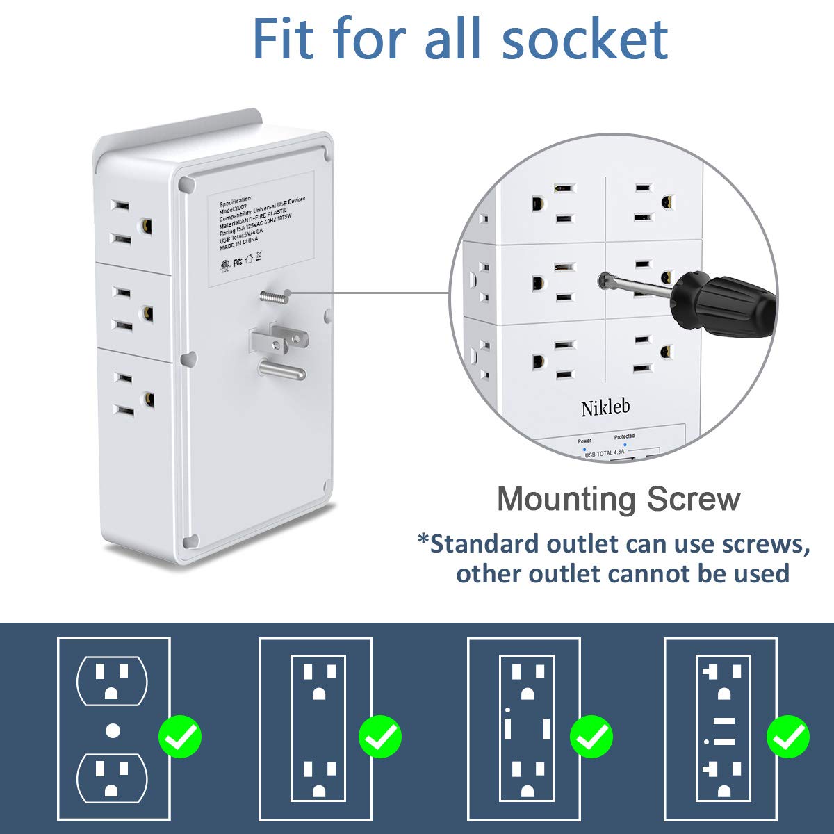 Surge Protector Nikleb 2 Pack, Multi Outlet Plug With 4 Usb, Wall Charger Box Multiports Total 4.8A, Electrical Outlet Splitter,