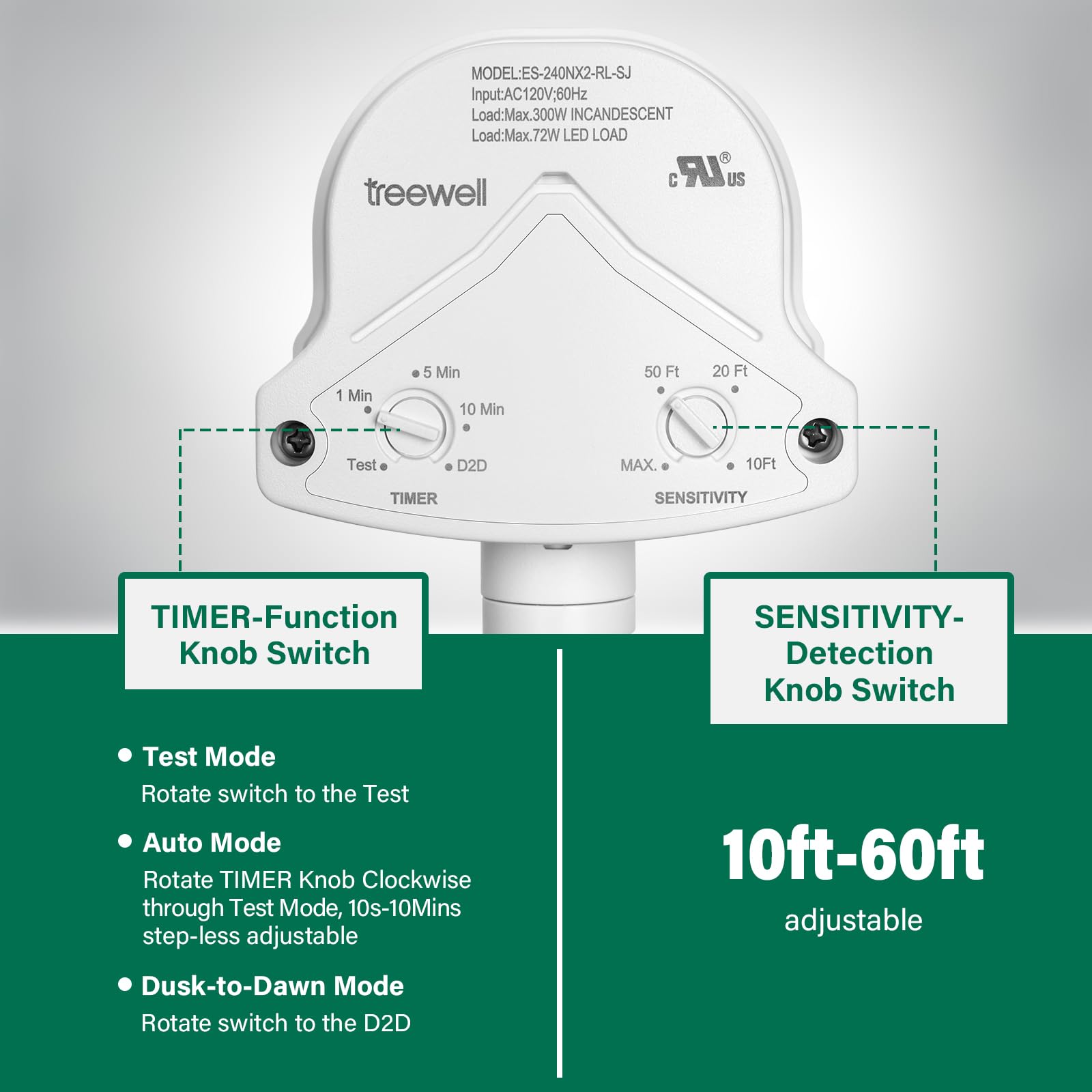 Treewell 2 Pack 240 Degree Replacement Motion Detector, Adjustable Delay Time & Detection Sensitivity Up To 60 Feet Range, 3 Wor