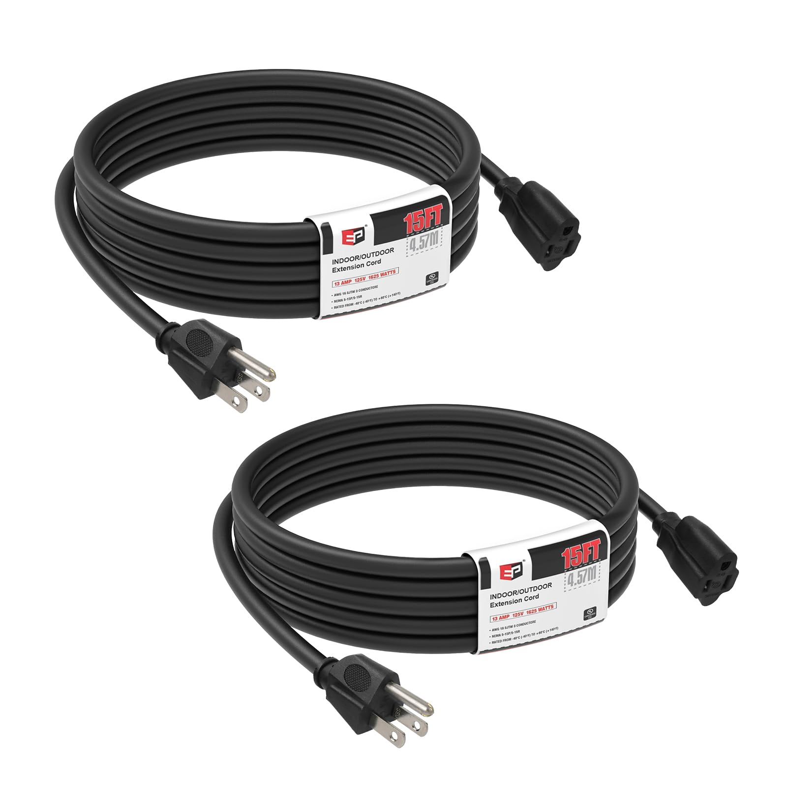 Ep 2 Pack 15Ft Black Outdoor Extension Cord, 16/3 Sjtw Heavy Duty Waterproof, 3 Prong Grounded Plug, 13A 1625W 16Awg, Cold Resis