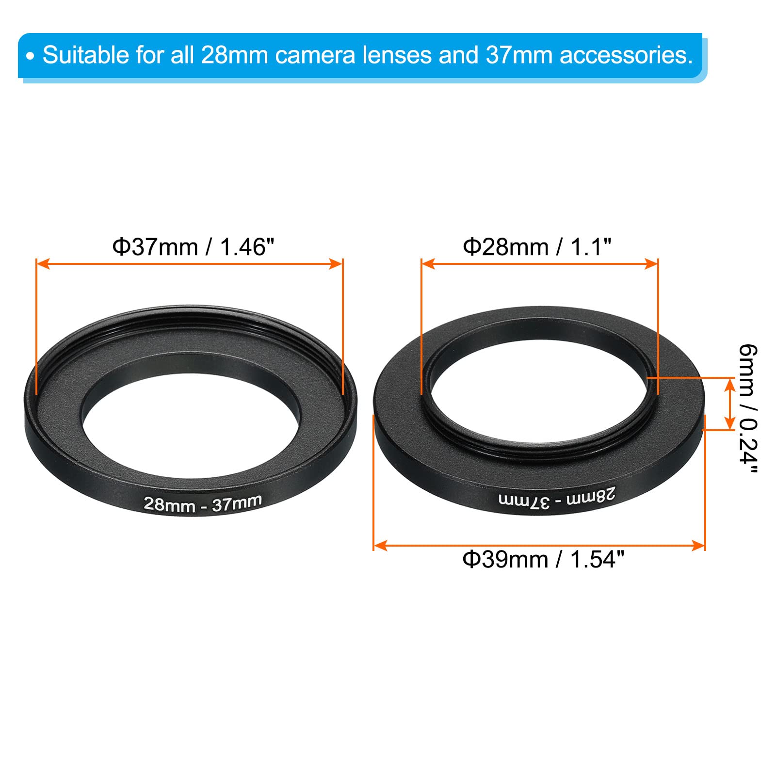 Patikil 28Mm 37Mm Metal Step Up Ring, Camera Lens Filter Adapter Ring Aluminum Filter Adapter Ring For Camera Lenses Hood, Black