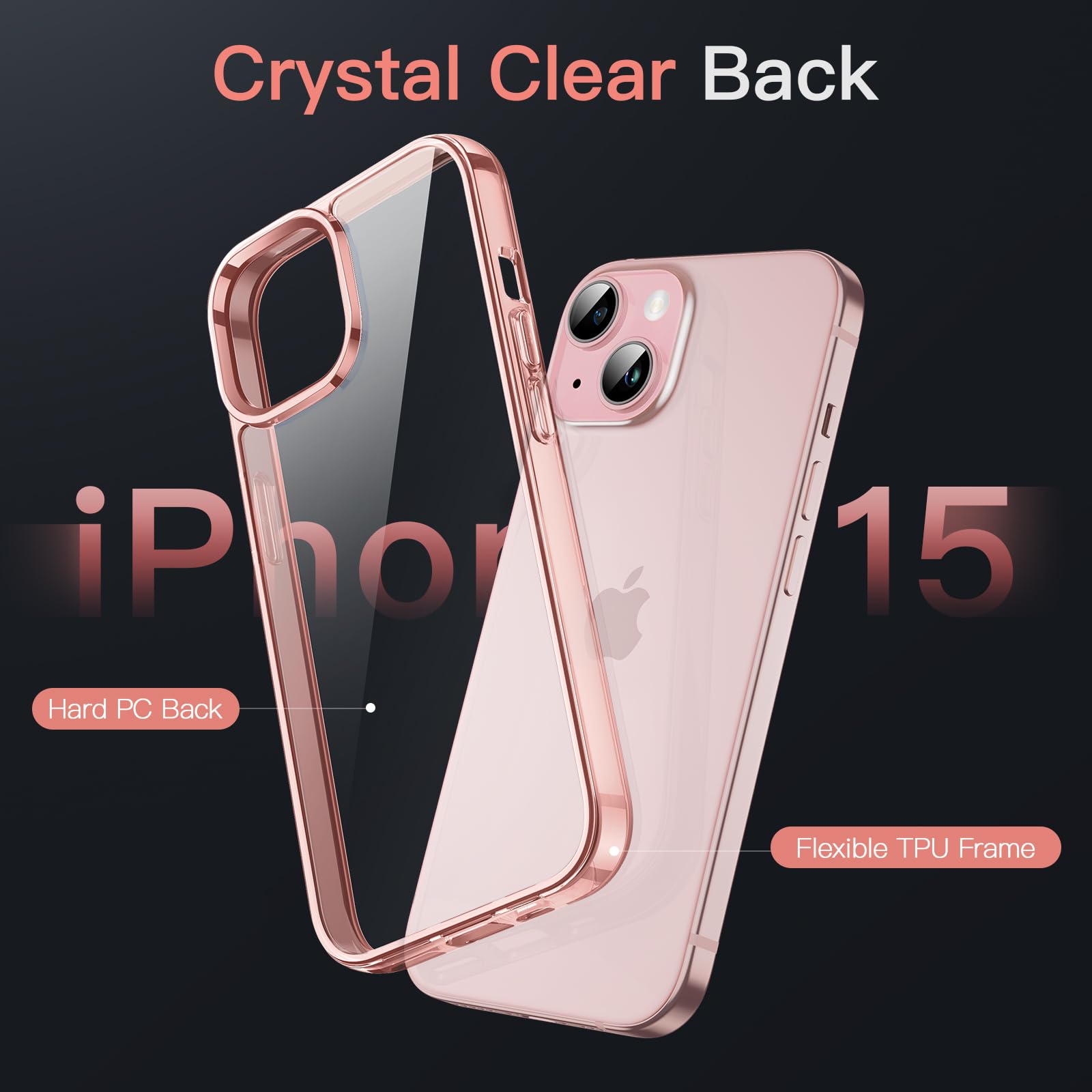 Jetech Case For Iphone 15 6.1 Inch, Non Yellowing Shockproof Phone Bumper Cover, Anti Scratch Clear Back (Rose Gold)