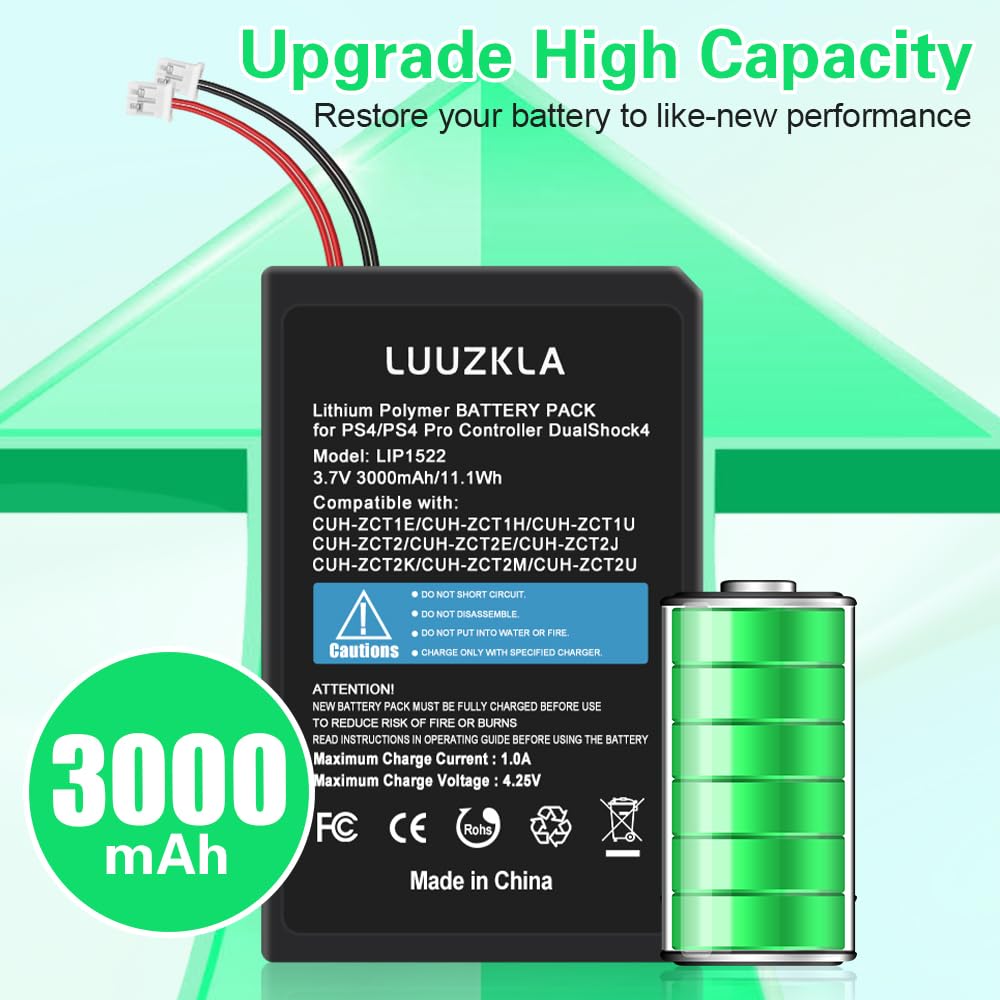 Luuzkla 3000Mah 2 Pack Lip1522 Ps4 Battery, (2024 New Upgrade) Replacement For Playstation 4 Ps4 And Ps4 Pro Dualshock 4 Cuh Zct