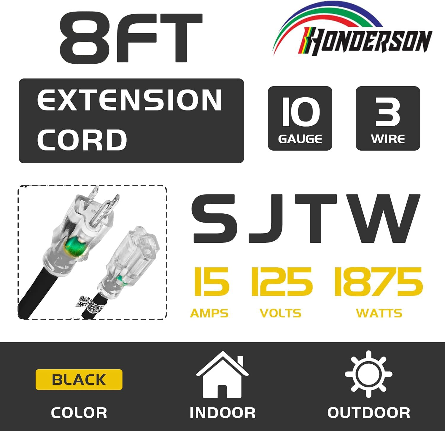Honderson Indoor Outdoor Extension Cord Weatherproof With Lighted End, Ul Listed, 10 Gauge 8Ft Black 3 Prong Heavy Duty Extensio