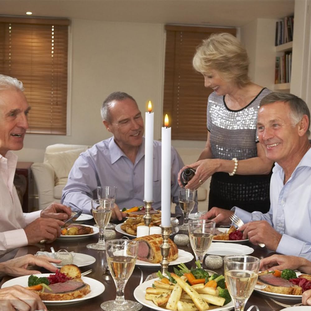 Dromance White Flameless Taper Candles Battery Operated With 6H Timer, Real Wax 3D Wick Flickering Led Taper Candles Dinner Wedd