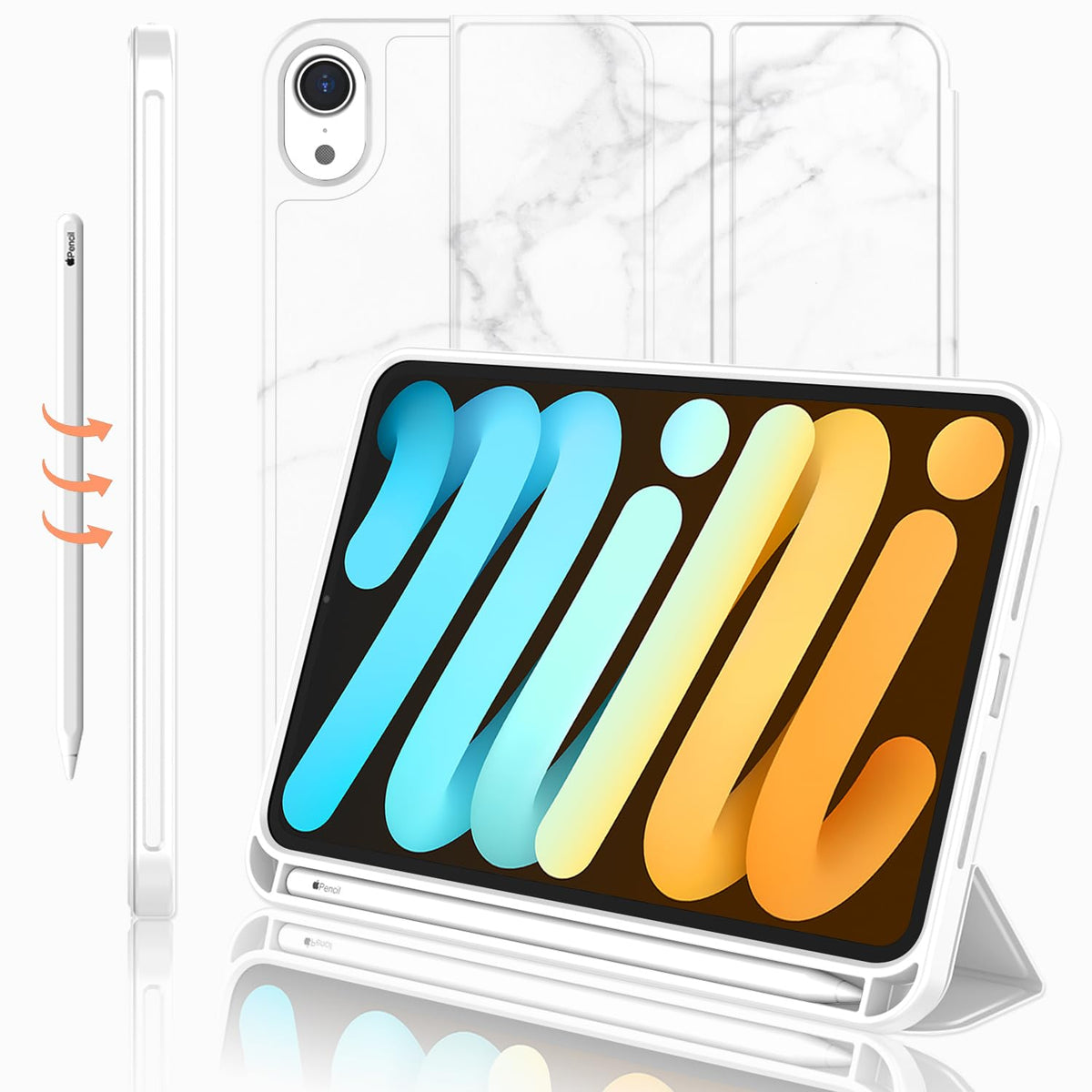 Imieet Ipad Mini 7 Case 2024 (A17 Pro), Ipad Mini 6 Case (8.3 Inch,2021 Model), Ipad Mini 7Th/6Th Generation Case With Pencil Holder, Trifold Stand Smart Case With Soft Tpu Back,Marble White