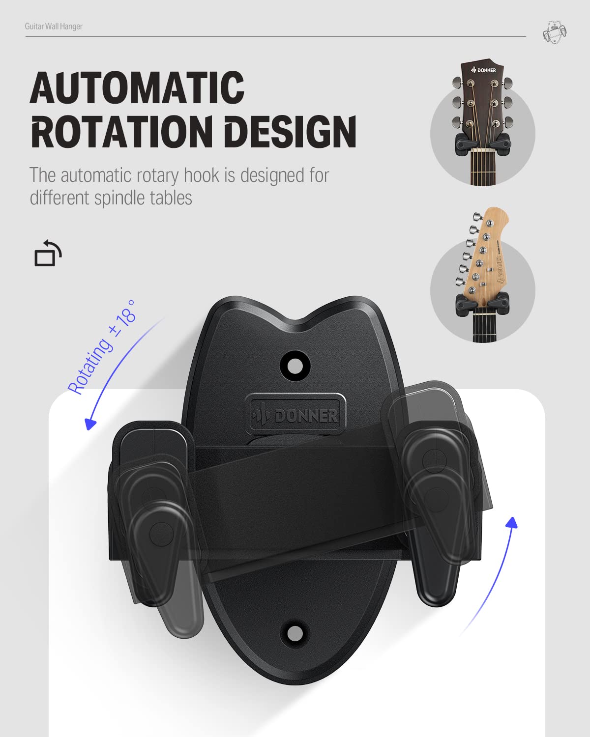 Donner Guitar Wall Mount Locking 2 Pack, Guitar Wall Hangers Auto Lock For Acoustic Electric Guitar Bass Mandolin, Black