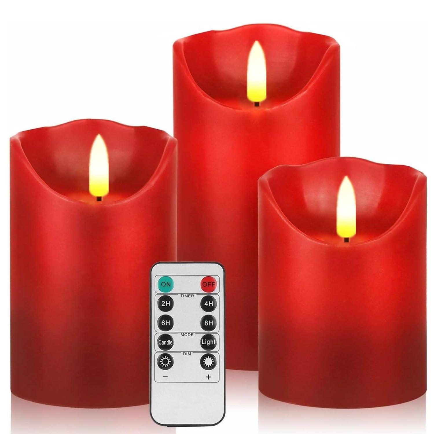 3 Pack Red Flameless Candle Set, 4 5 6 Flickering Battery Operated Candles with Remote Control, Electric Candle with Timer, Danc