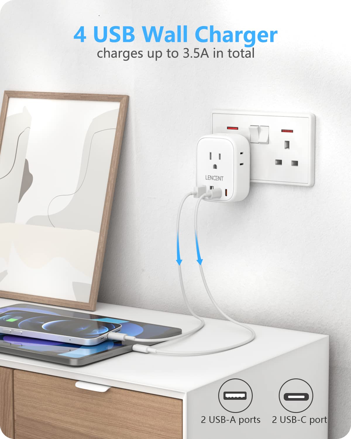 2 Pack Us To Uk Ireland Travel Plug Adapter, Lencent Grounded Type G Outlet Adaptor With 4 Usb Charger(2 Usb C), 4 Outlets Conve