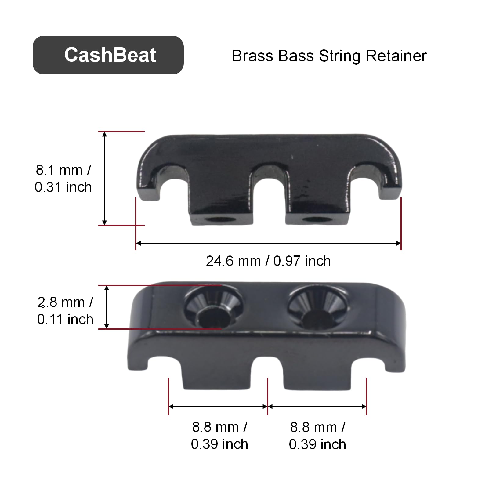 Cashbeat Brass Bass String Retainer, Black String Tree With Mounting Screws (For Electric/Precision Bass)