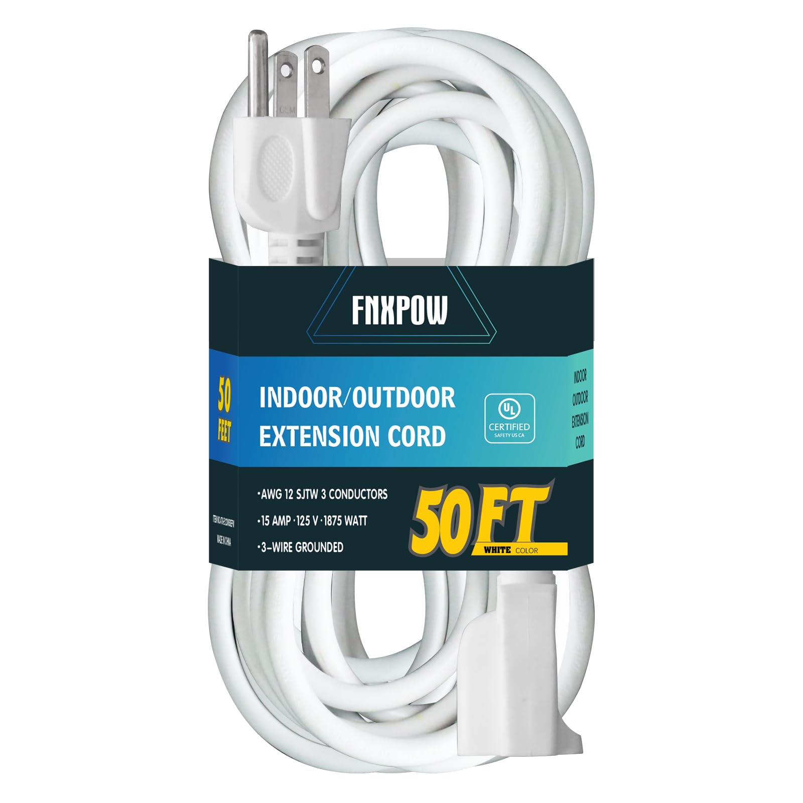 Fnxpow 50 Ft Outdoor Extension Cord   12/3 Sjtw Heavy Duty White Extension Cable With 3 Prong Grounded Plug   Power Cord For Law