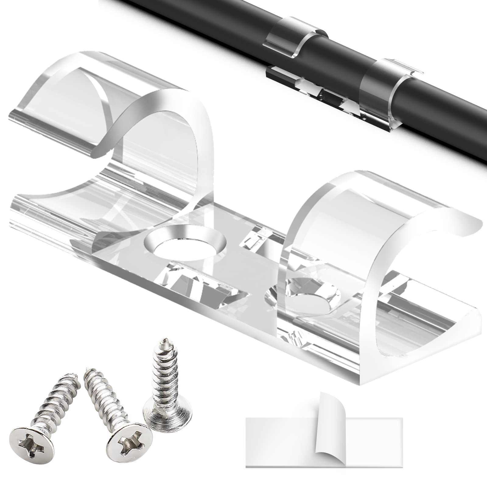 50 Pcs Heavy Duty Cable Clips Transparent With 100 Screws, Attom Tech Clear Self Adhesive Cable Organizer Cord Management System