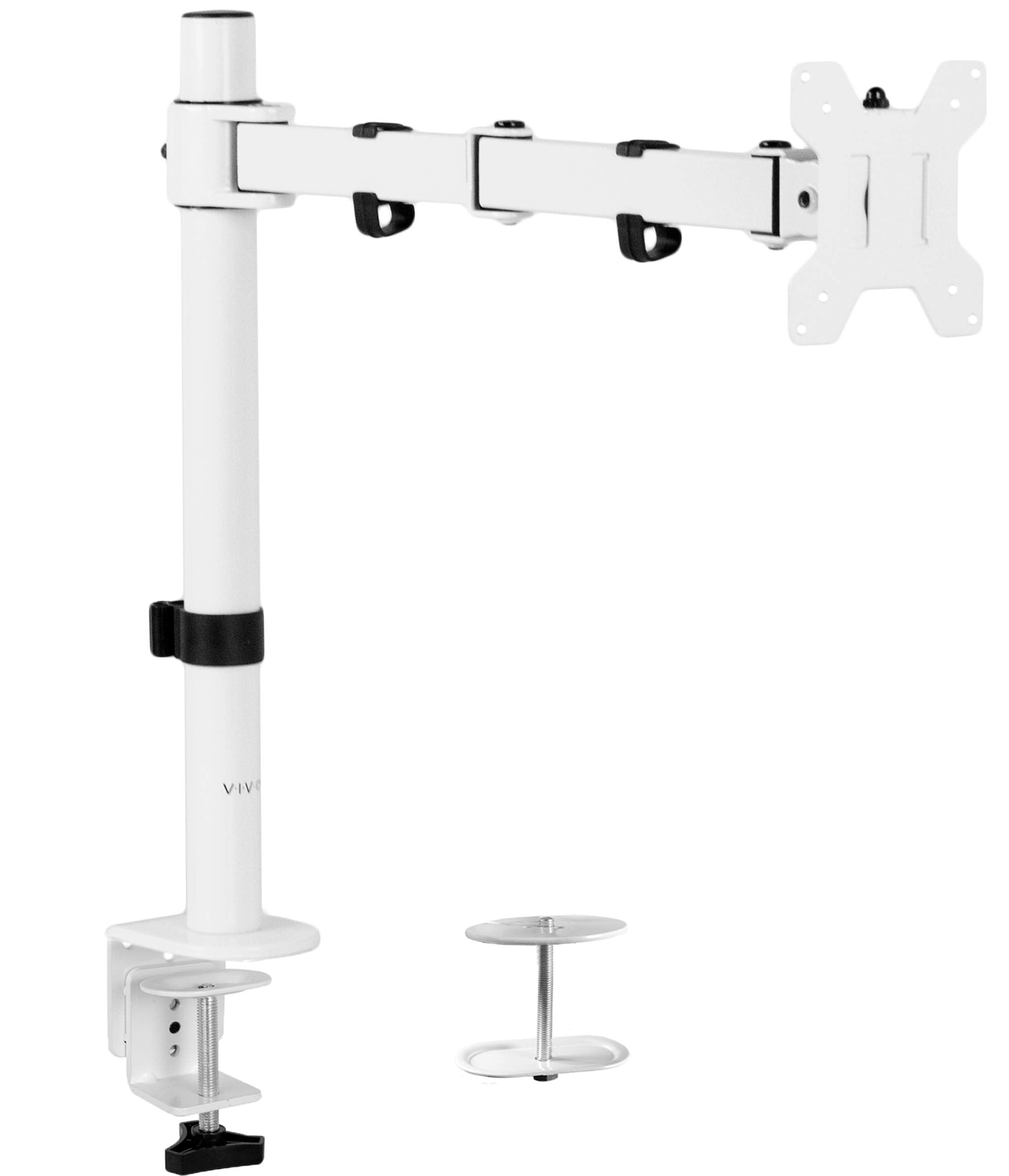 VIVO Single Monitor Arm Desk Mount, Holds Screens up to 32 inch Regular and 38 inch Ultrawide, Fully Adjustable Stand with C Clamp and Grommet Base, VESA 75x75mm or 100x100mm, White, STAND V001W