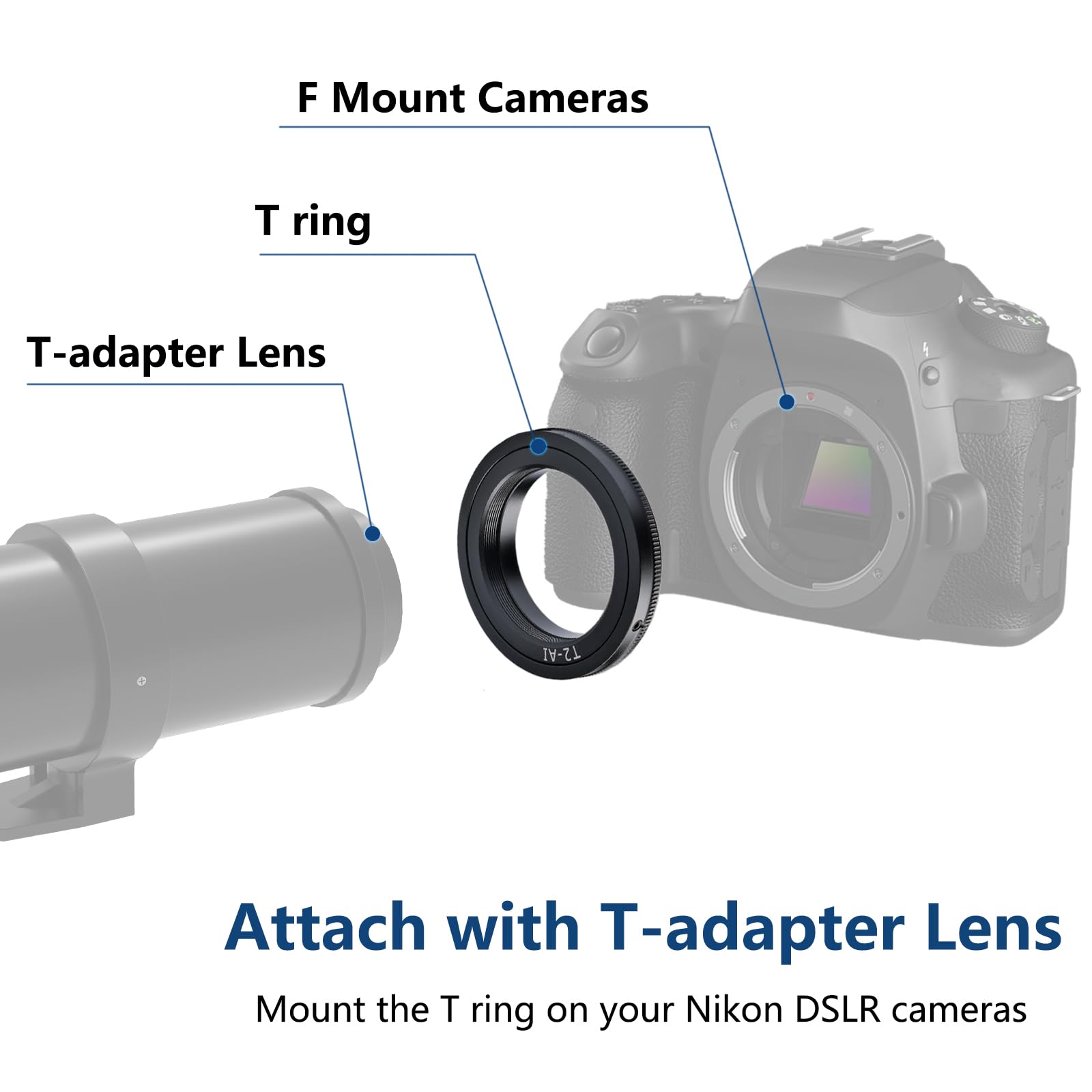 Lightdow T/T2 Mount Lens Adapter Ring For Nikon D5500 D3300 D3200 D5300 D3400 D7200 D750 D3500 D7500 D500 D600 D610 D700 D800 D810 D850 D3100 D5100 D5200 D5600 D7000 D7100