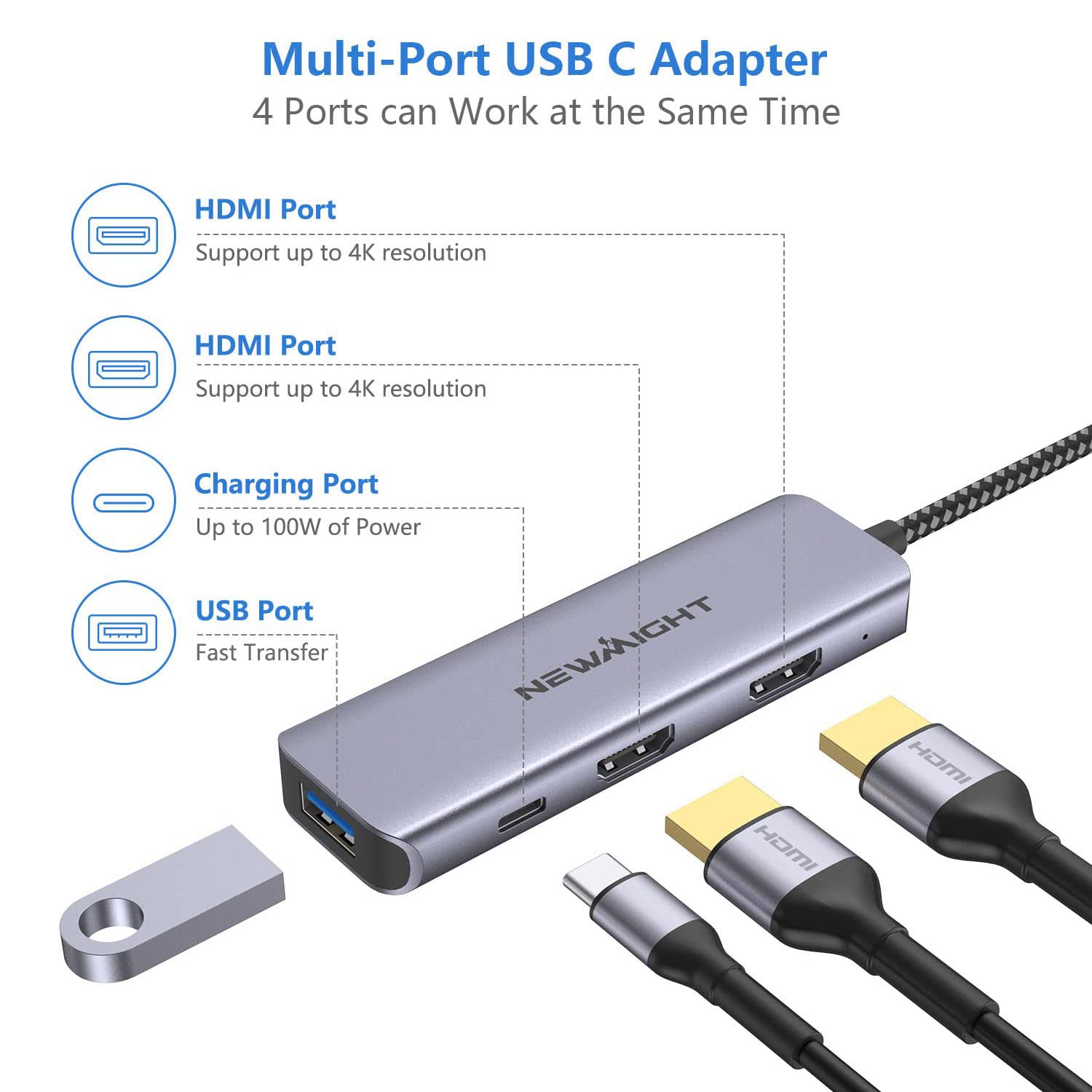Hdmi Adapter For Dual Monitors, Newmight 4 In 1 Usb C To Dual Hdmi Adapter With 100W Pd, Usb Port, Hdmi To Usb C Hub With 2 Hdmi For Macbook Pro, Iphone 15 Series, Hp, Dell