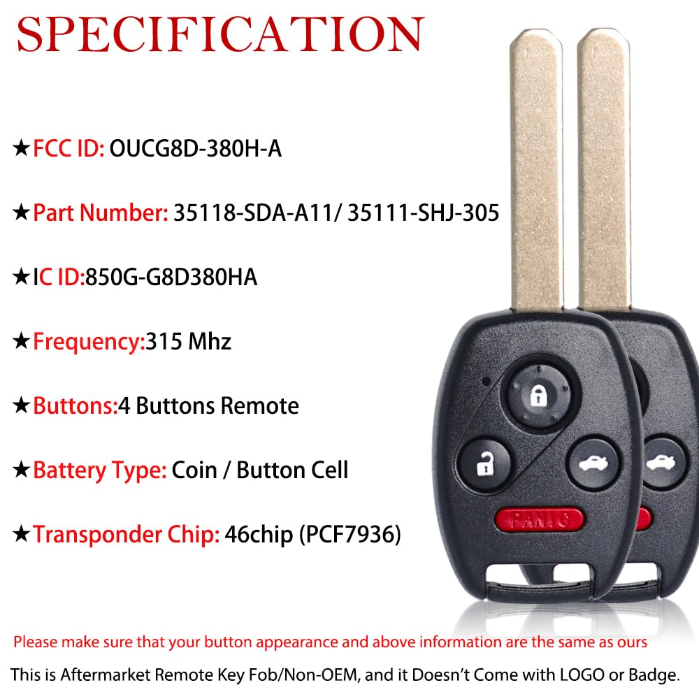Mechanmagic Key Fob Remote Replacement Fits For Accord 2003 2004 2005 2006 2007/Element 2010 Oucg8D-380H-A Keyless Entry Remote
