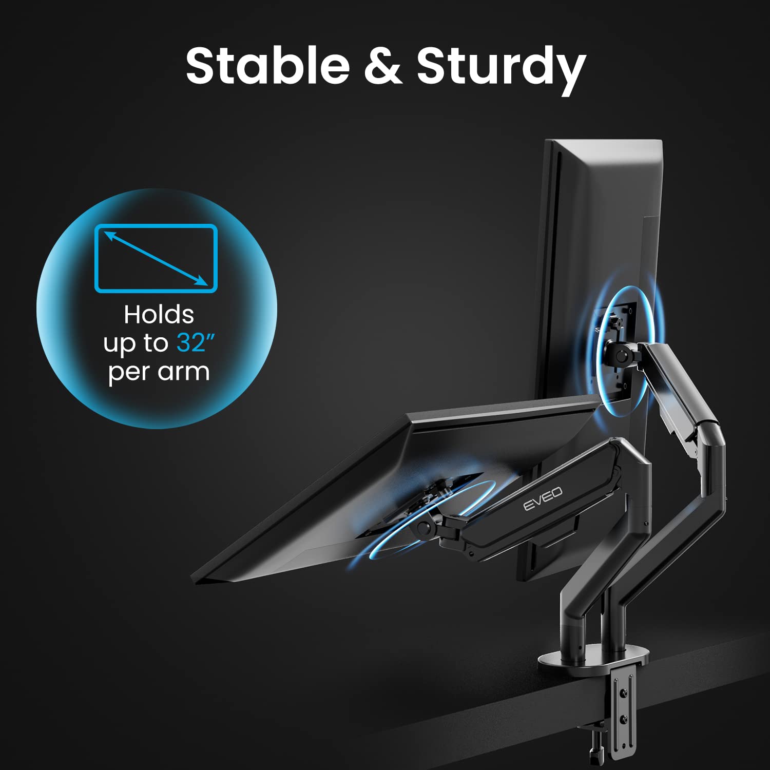 EVEO Dual Monitor Mount Arm - Adjustable Height, VESA Bracket, Alloy Steel, 14"-32", Full Motion, Black