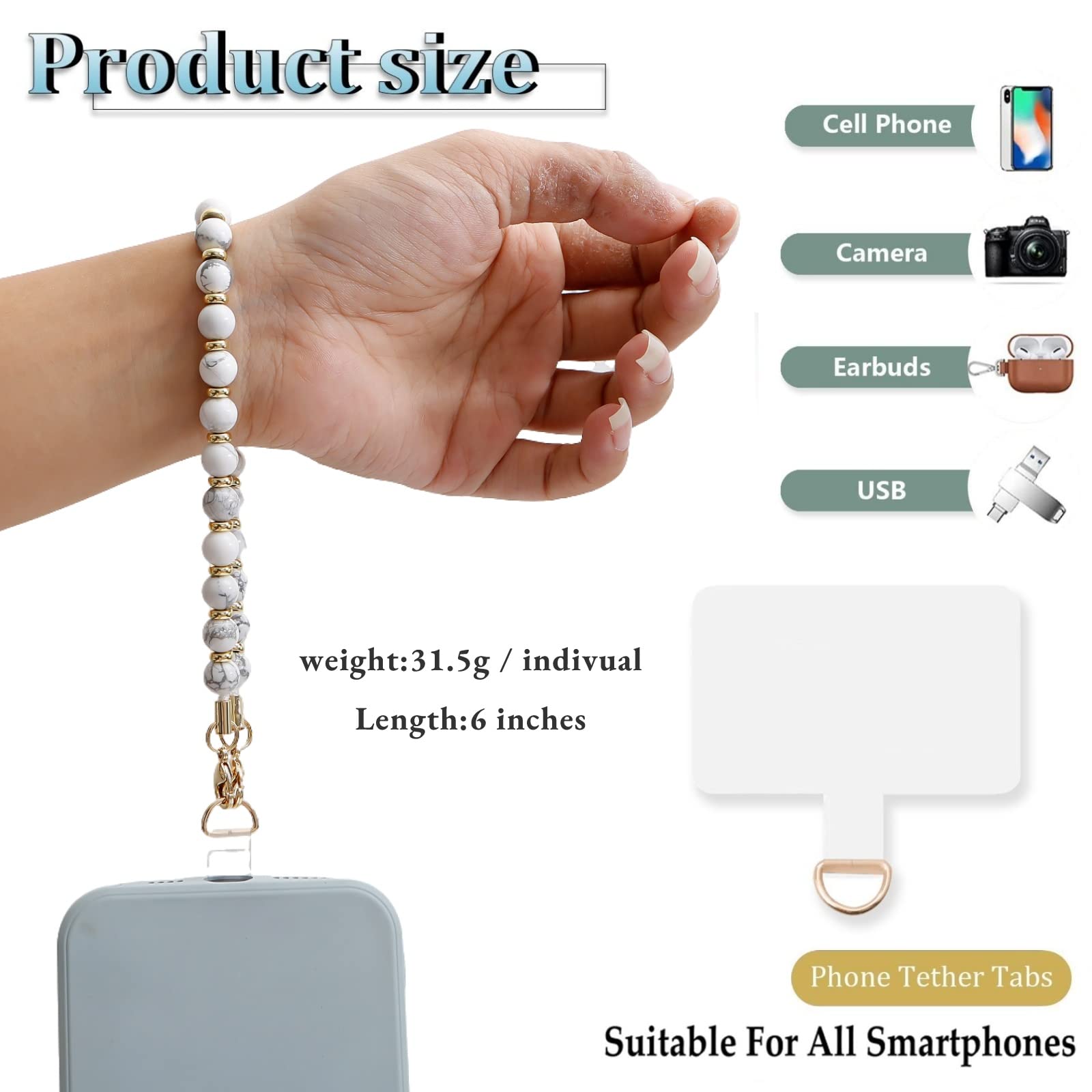 Lostars Marble Beaded Iphone Wrist Strap,Detachable Phone Bracelet Strap With Tether Tab,Hands Free Phone Wristlet Strap (Marble