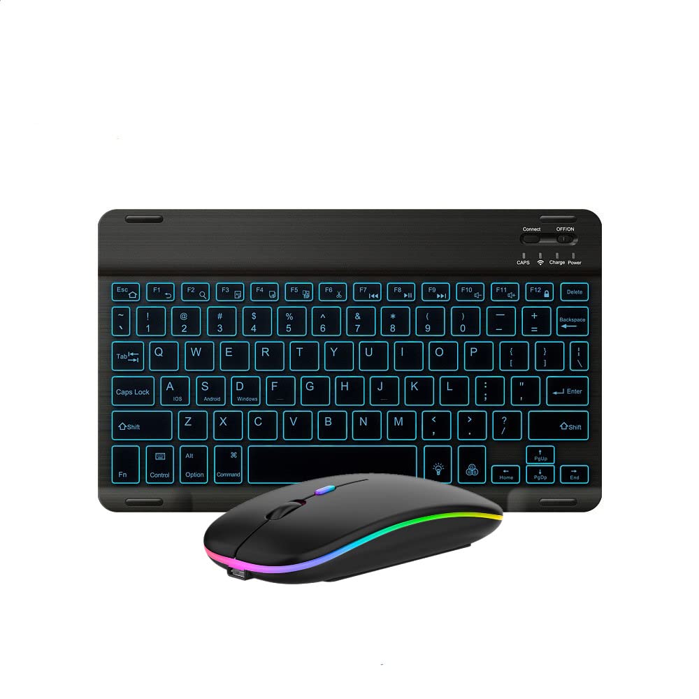 UltraSlim Lightweight Bluetooth Keyboard and Mouse Portable Mini Wireless Keyboard Rechargeable 7Color Backlit for Apple iPad 