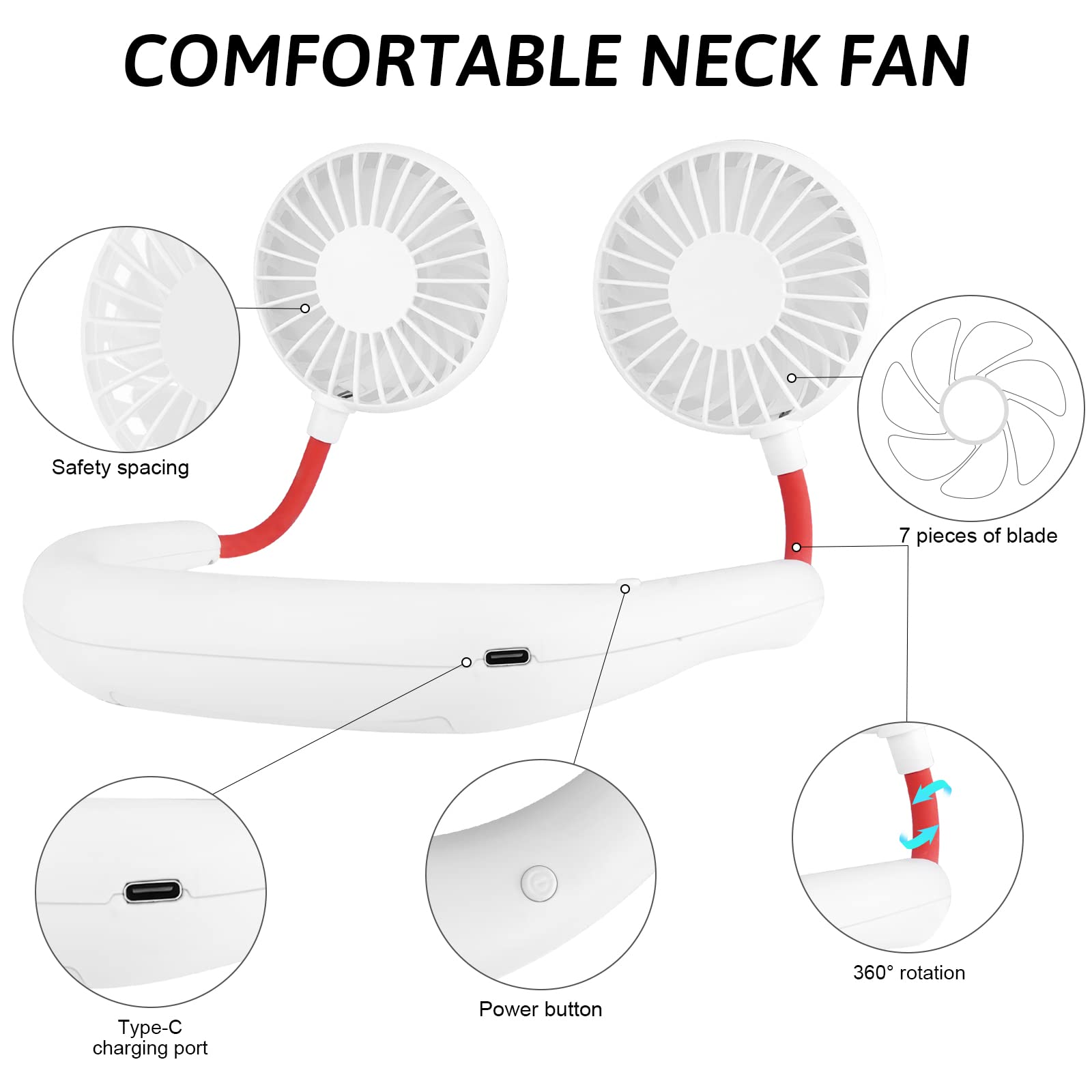 Haomaomao Portable Neck Fan NBF3 Hands-Free Rechargeable 2500mAh Double Headed Plastic White