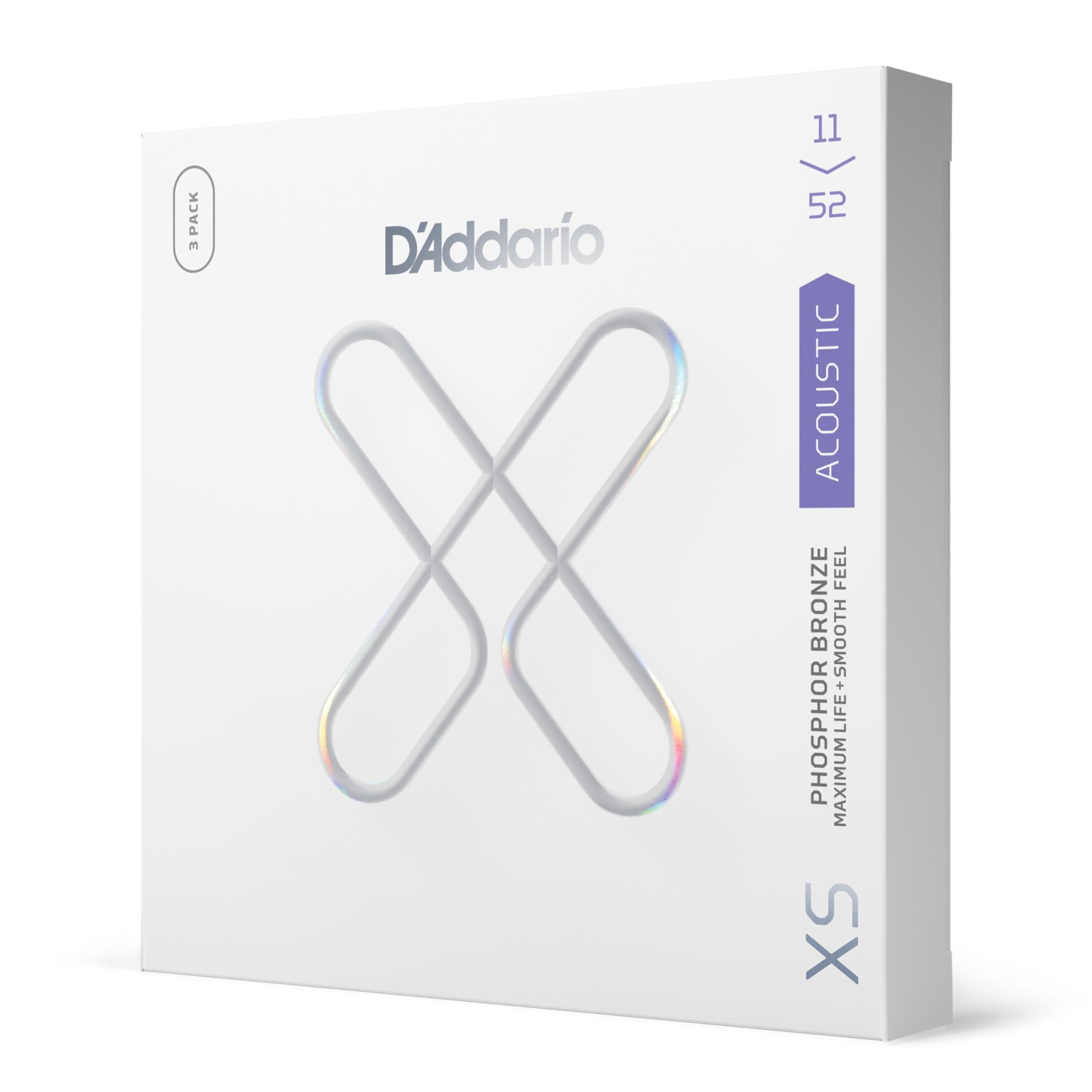 Daddario Acoustic Guitar Strings, Xs Phosphor Bronze Coated, Xsapb1152-3P, Custom Light Gauge 11-52, 6-String Set, Pack Of 3