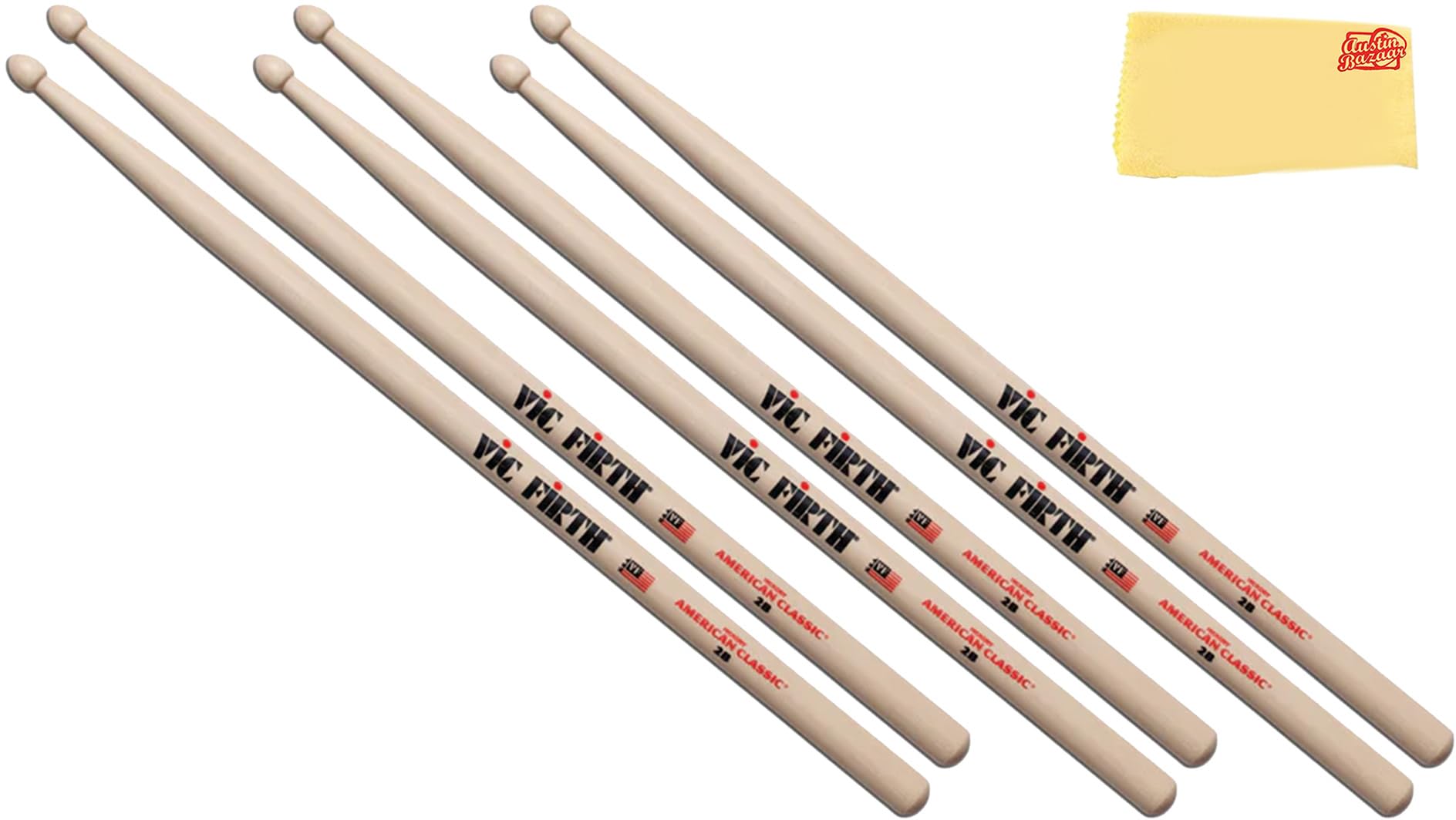 Vic Firth American Classic 2B Drumsticks - 3-Pack Bundle with Austin Bazaar Polishing Cloth