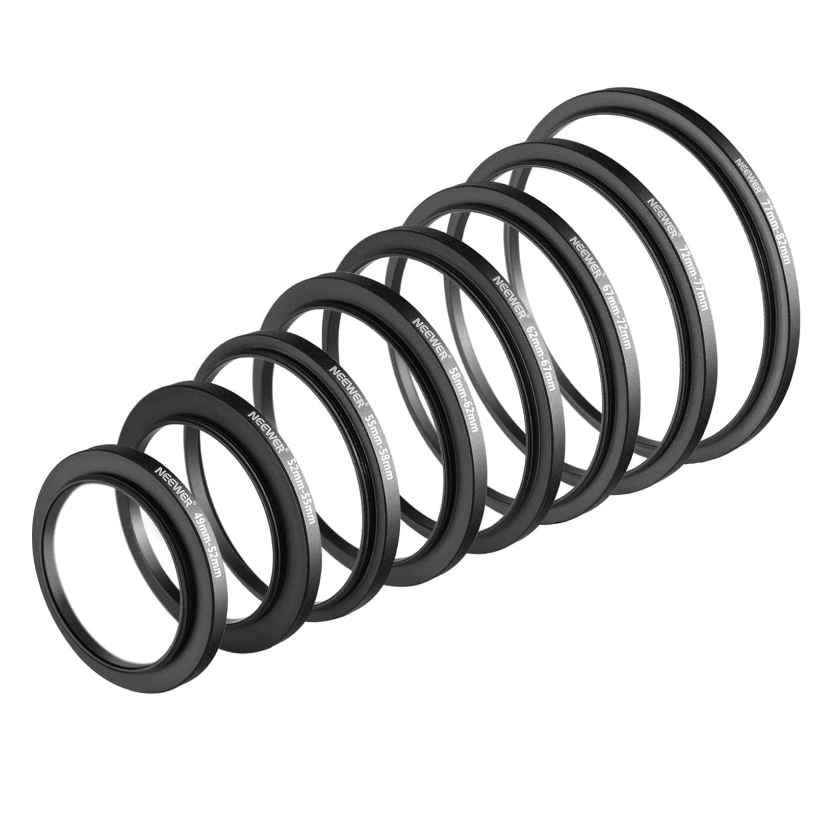 Neewer 8 Pieces Step Up Adapter Ring Set Made Of Premium Anodized Aluminum, Includes: 49 52Mm, 52 55Mm, 55 58Mm, 58 62Mm, 62 67M