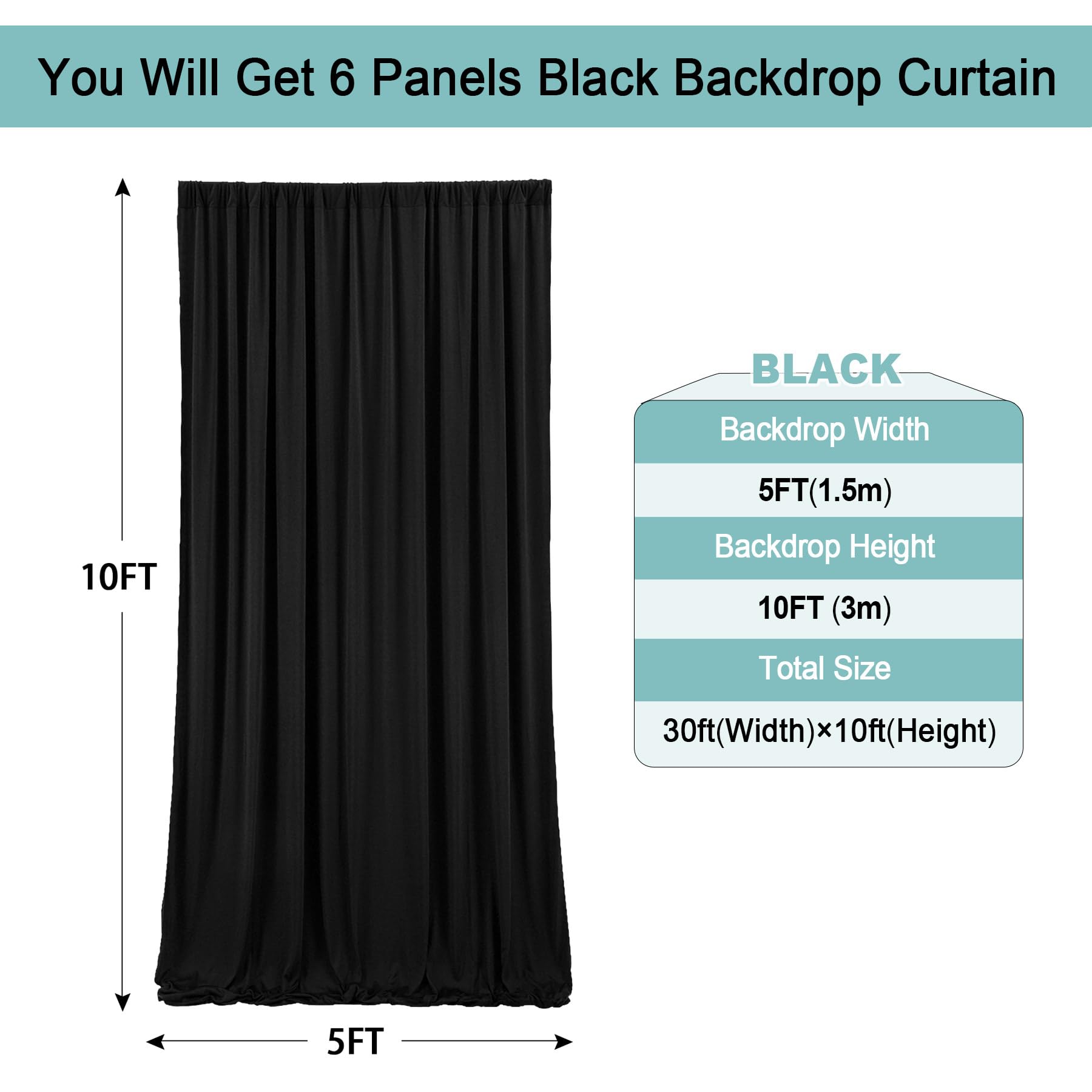 30Ft  10Ft Wrinkle Free Black Backdrop Curtain For Party, 6 Panels 5  10 Ft Thick Silky Polyester Photo Backdrop Drapes For 50Th