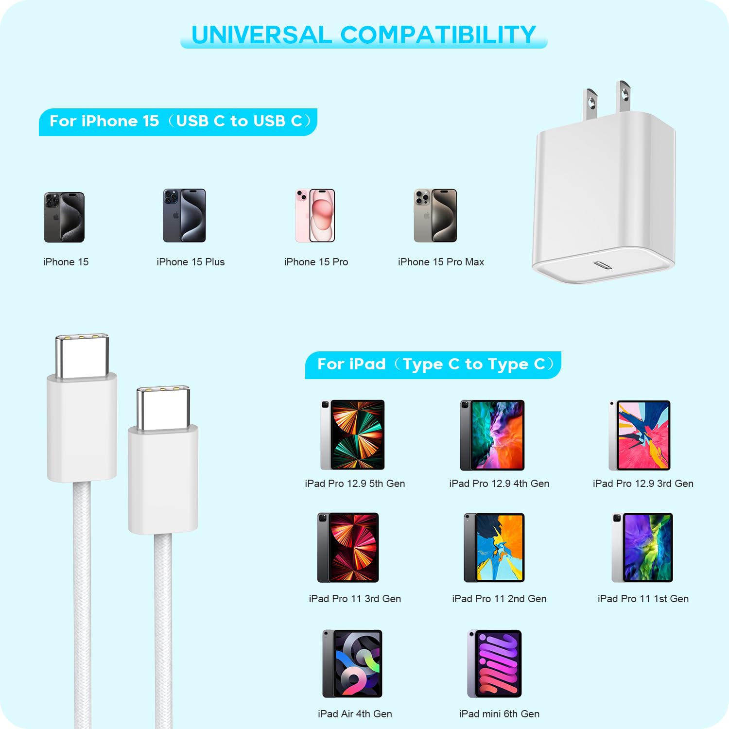 Fast Charger For Iphone 16 15, 3Pack Usb C Ipad Charger Pd Fast Charger Block 6Ft Long Usb C To Type C Iphone 16 15 Charging Cab
