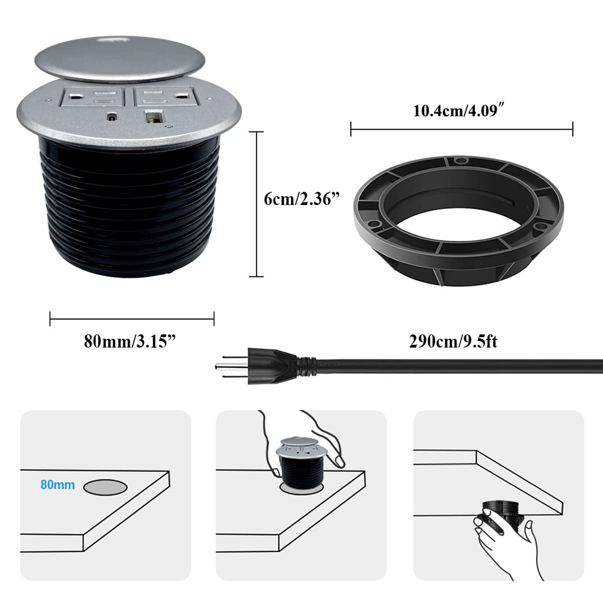 Apexdesk Desktop Power Grommet With 2X Ac Outlets, 1X Usb-C And 1X Usb-A Charging Ports. Fits 3.15 Round Desk Grommet Holes - Si