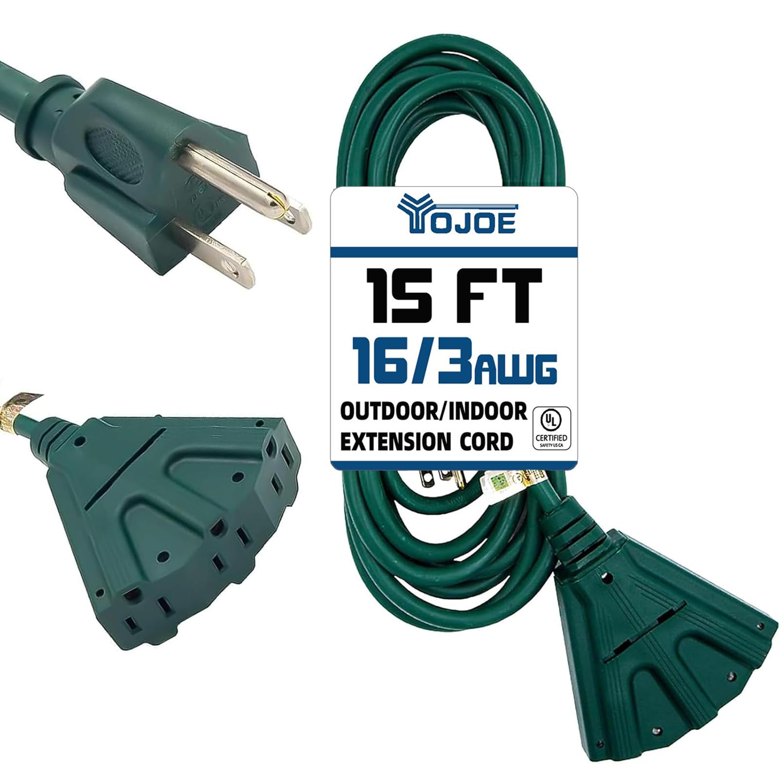 Yojoe 3 Outlets Indoor Outdoor Extension Cord, 3 Prong 13A Weatherproof Power Cord Multiple Outlets, 16 Gauge Heavy Duty 15 Ft G