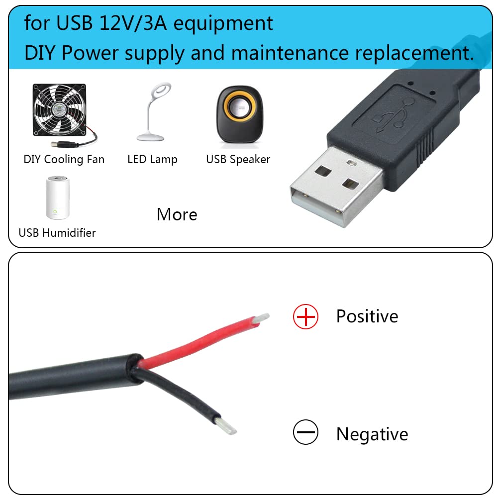 Short Usb A Male 2 Pin Bare Wire,30Cm/11.8In Usb A 12V/3A Pigtail Open End Power Cable,For And Usb Equipment Installed Or Replac