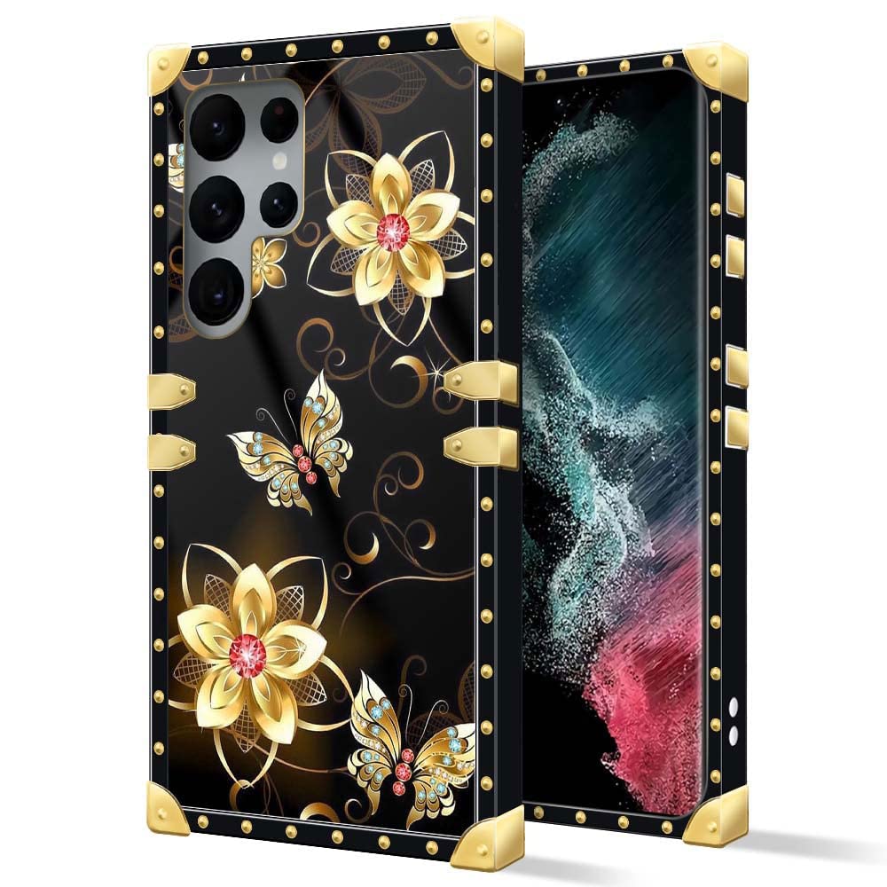 Daizag Compatible With Samsung Galaxy S22 Ultra,B Golden Garden Butterfly Square Case Luxury Elegant Women Girls Metal Decoratio
