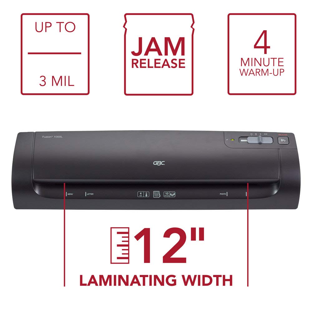 Gbc Thermal Laminator Machine, Fusion 1000L, 12 Inch, 4 Min Warm Up, 3 Or 5 Mil, With 10 Ezuse Laminating Pouches (1703073)