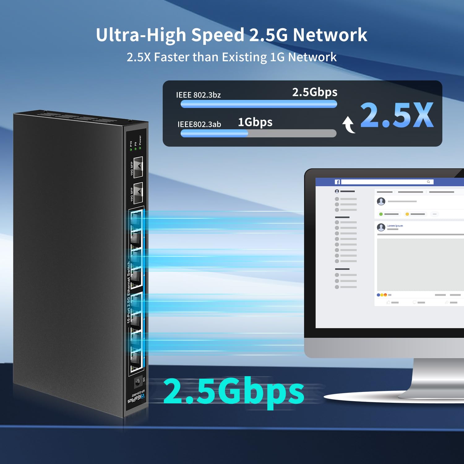 10 Port 2.5Gb Unmanaged Ethernet Switch With 8* 2.5G Base T Ports, 2* 10G Sfp+ Ports. Gigaplus 2.5Gbps Network Switch For 2.5Gbp