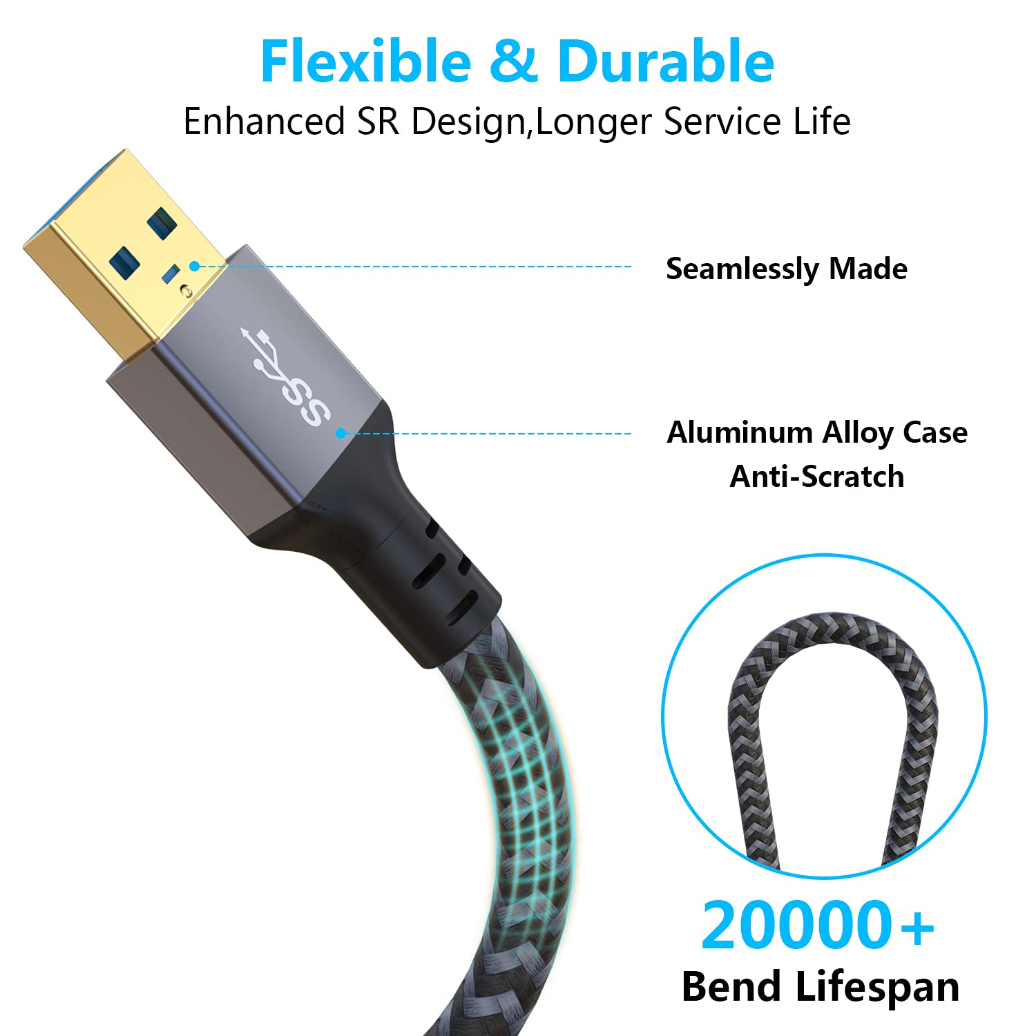 Hisatey Usb 3.0 Extension Cable 25 Ft - Nylon Braided Usb Extender For Webcam, Camera, Phone, Mouse, Keyboard, Printer And More